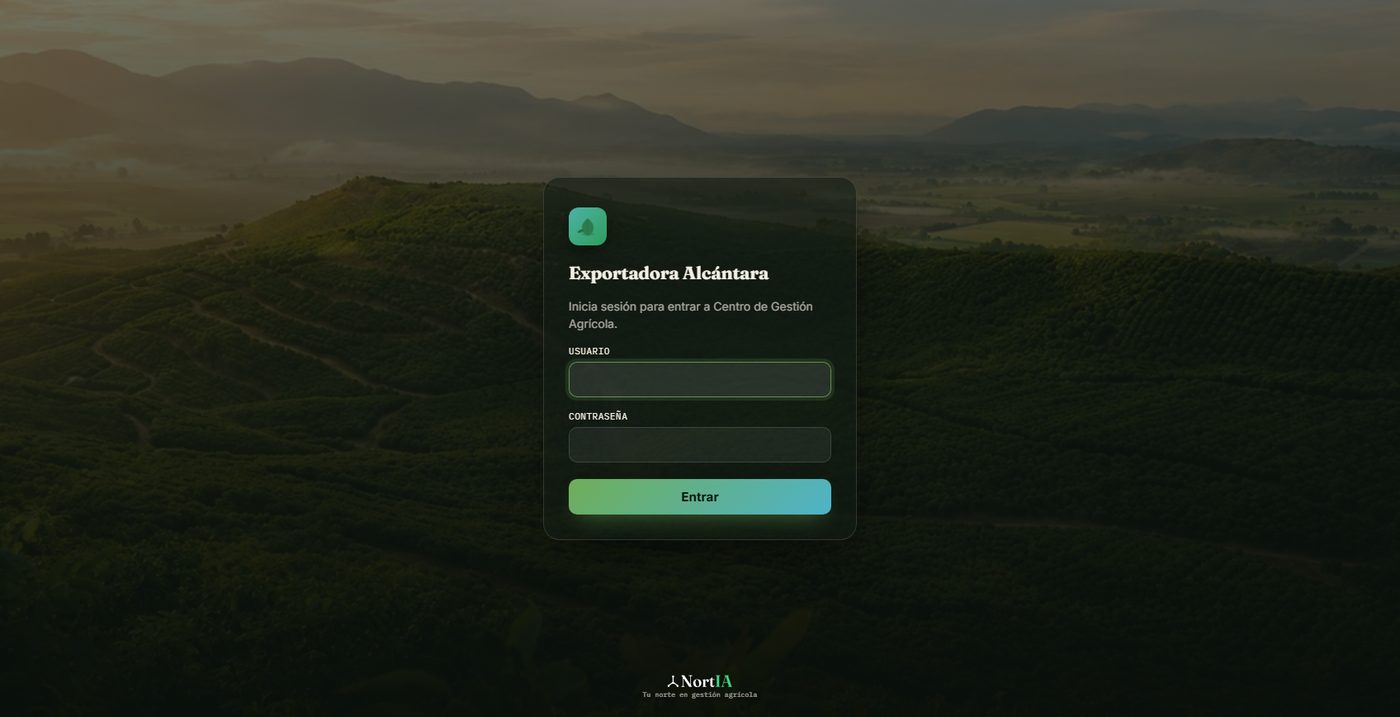 Pantalla de inicio de sesión del Centro de Gestión Agrícola, Exportadora Alcántara